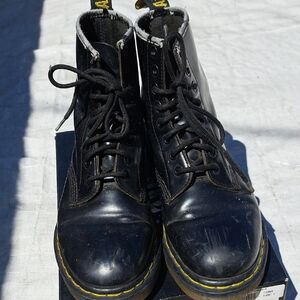 Dr. Martens Black Vegan Leather Boots with Yellow Stitching